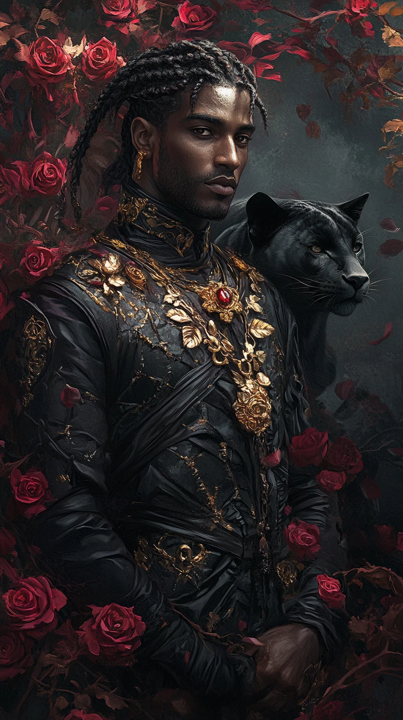 Erhabener dunkler Wächter zwischen Rosen in gotischer Fantasy