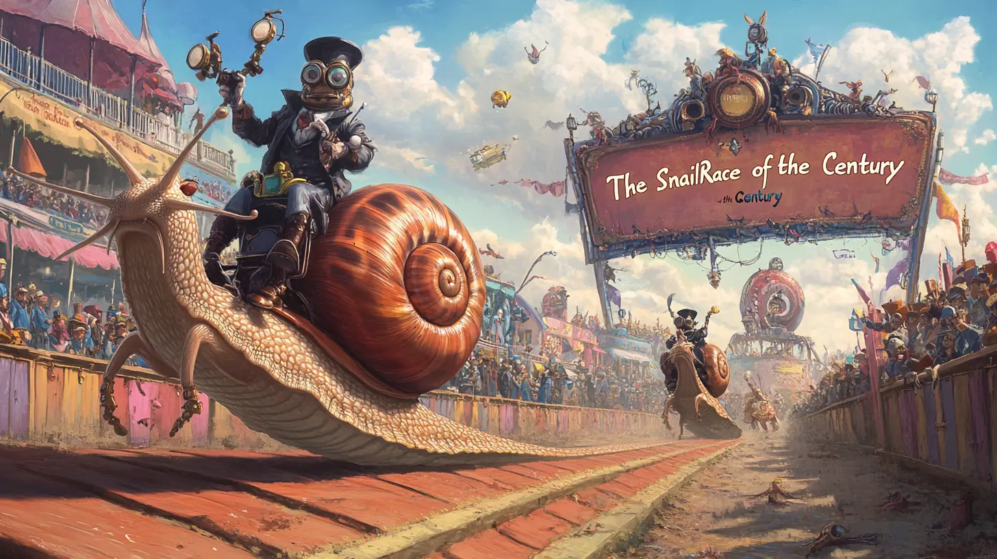 Colorata corsa di lumache steampunk con cavalieri grilli e folla