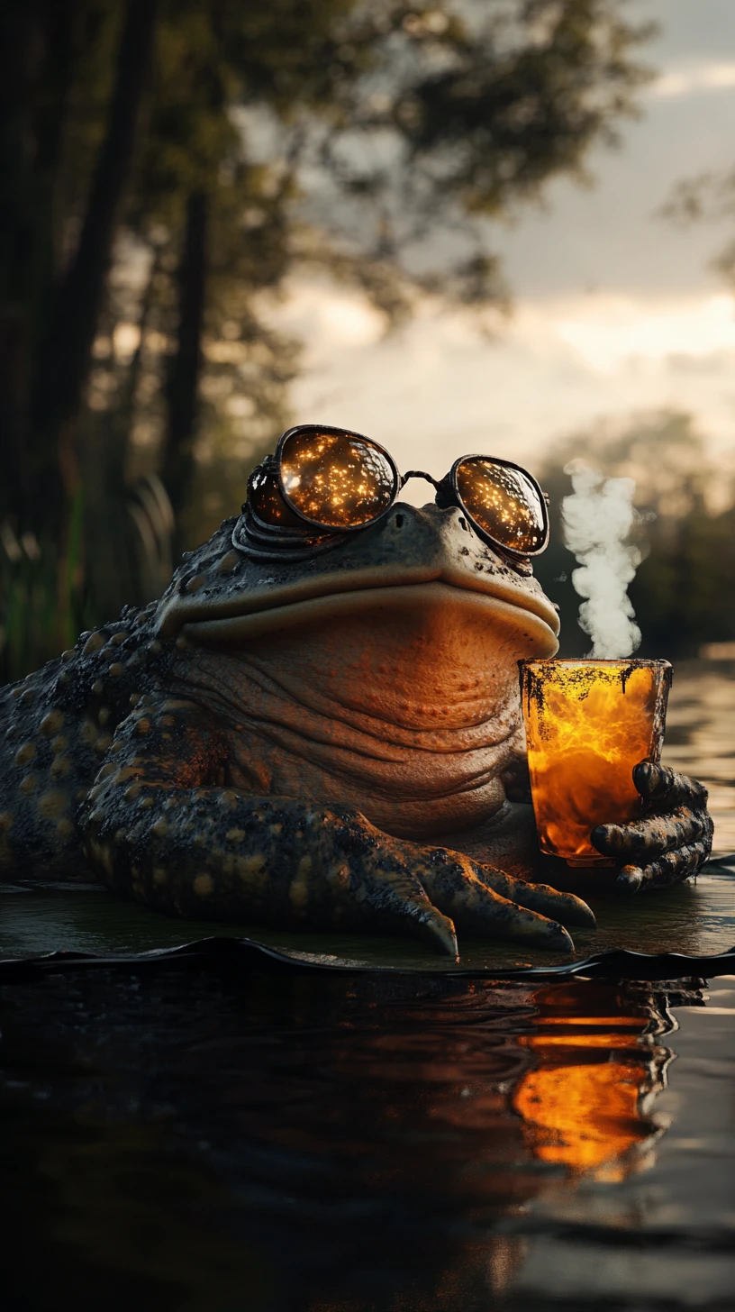 Sapo Deitado em Ninféia Enegrecida Durante o Eclipse Solar