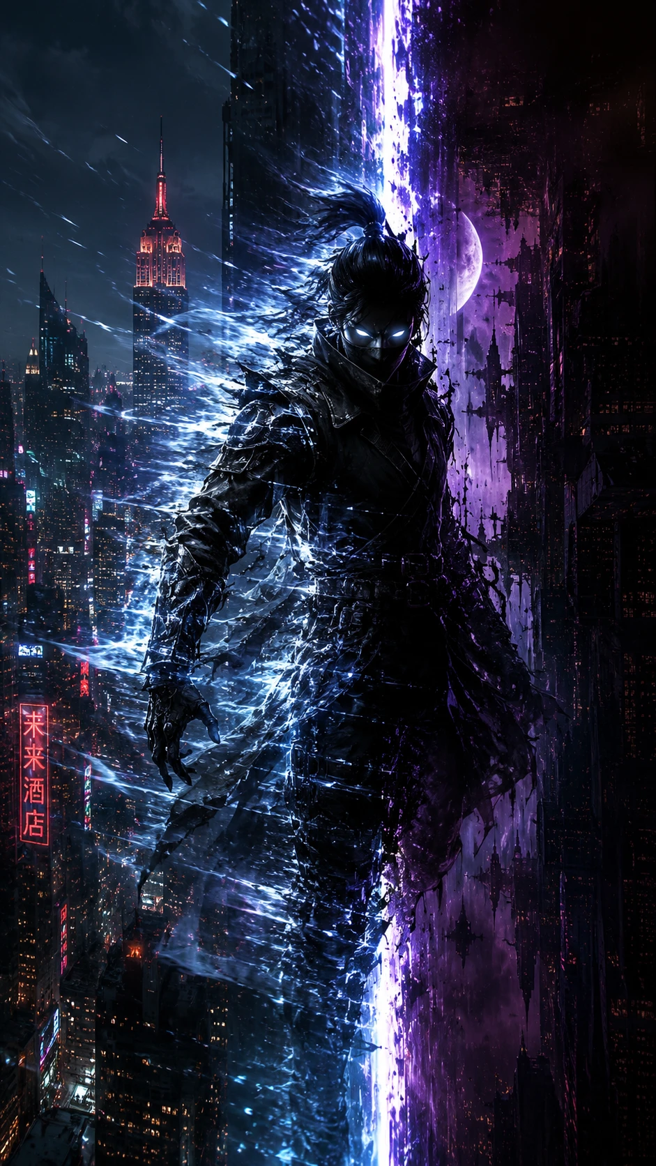 Geisterhafter Urban Warrior verschmilzt mit streifiger Stadtsilhouette