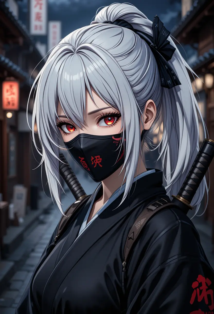 Samouraï femme masquée avec katanas dans une rue sombre