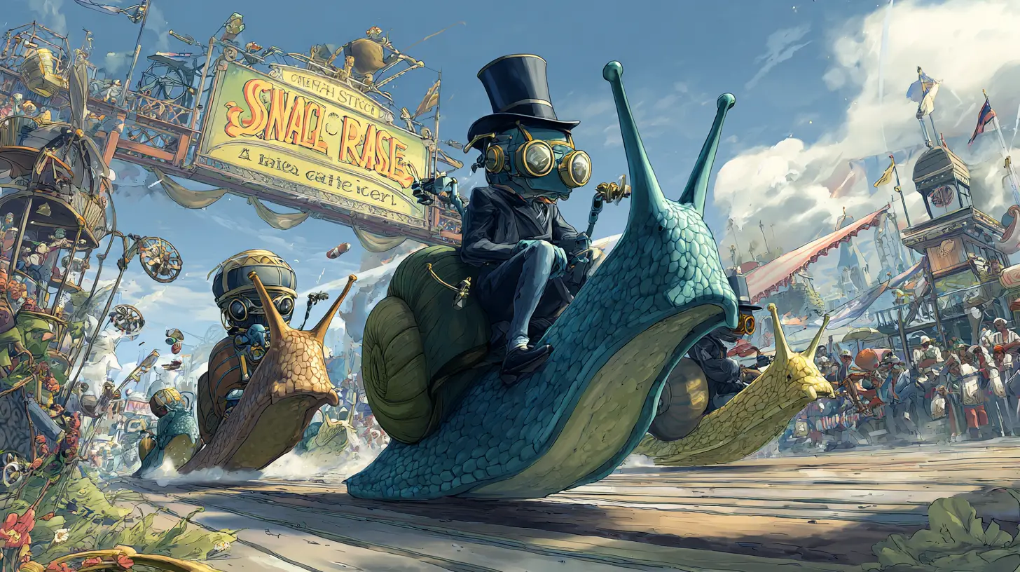 Colorata corsa di lumache steampunk con cavalieri-grillo e folla