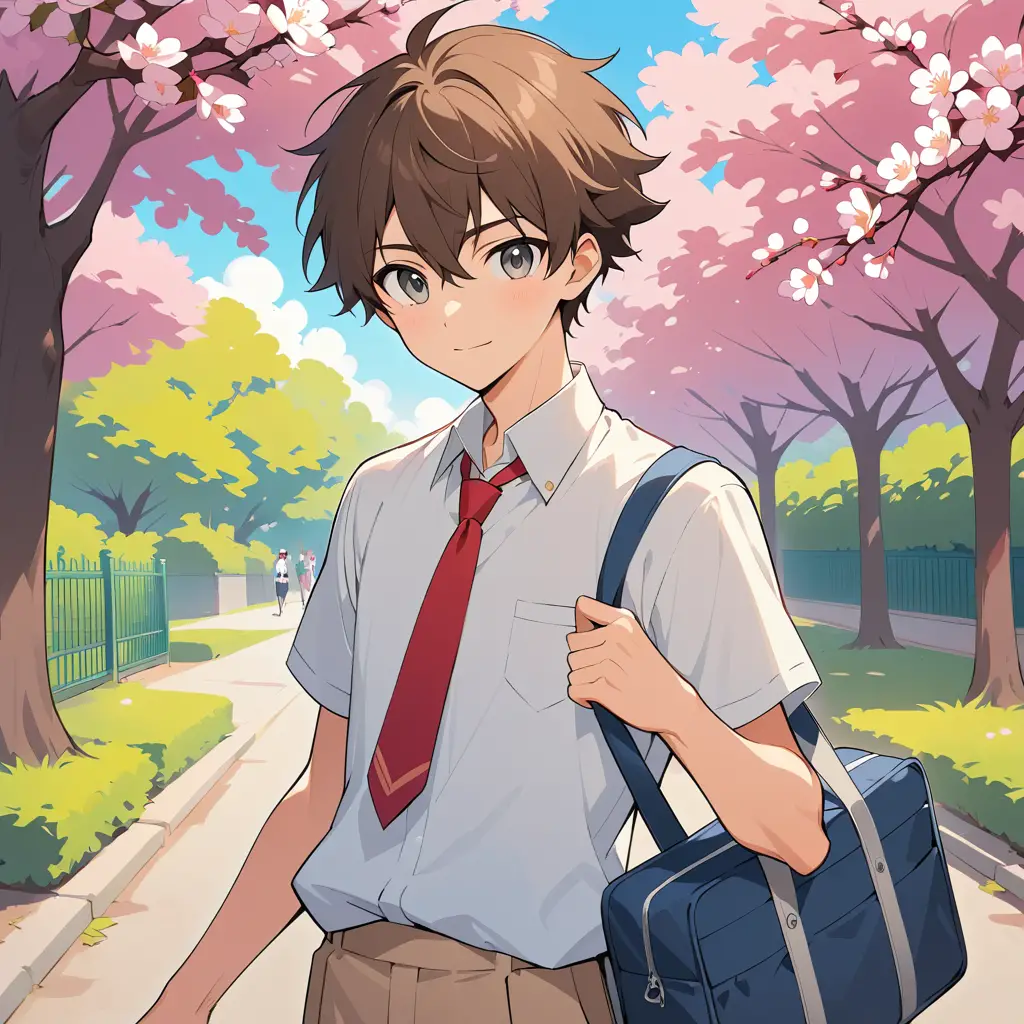 Fröhlicher Anime-Schuljunge am Tor mit Kirschblüten