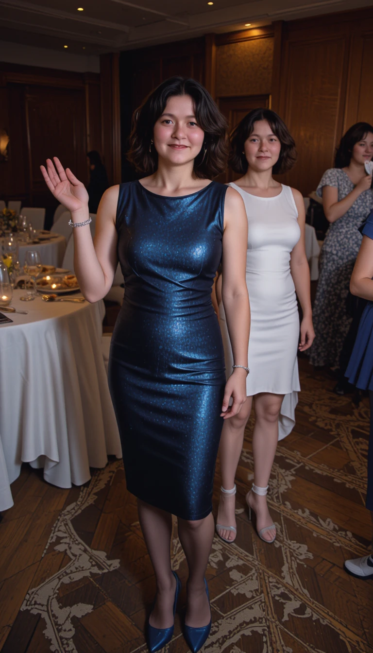 Joyful older woman in blue dress at indoor party