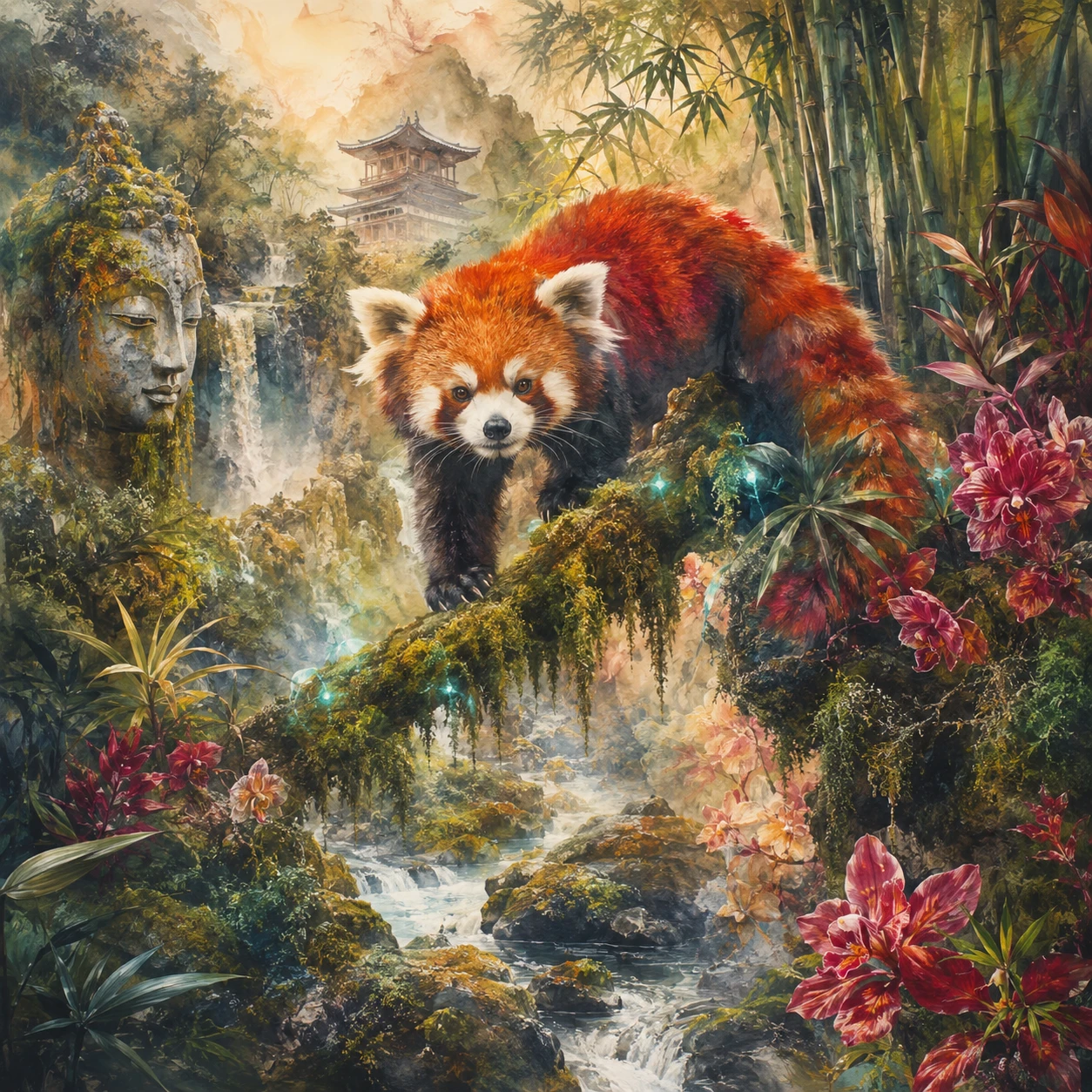Mood board di panda rosso in una rigogliosa giungla asiatica