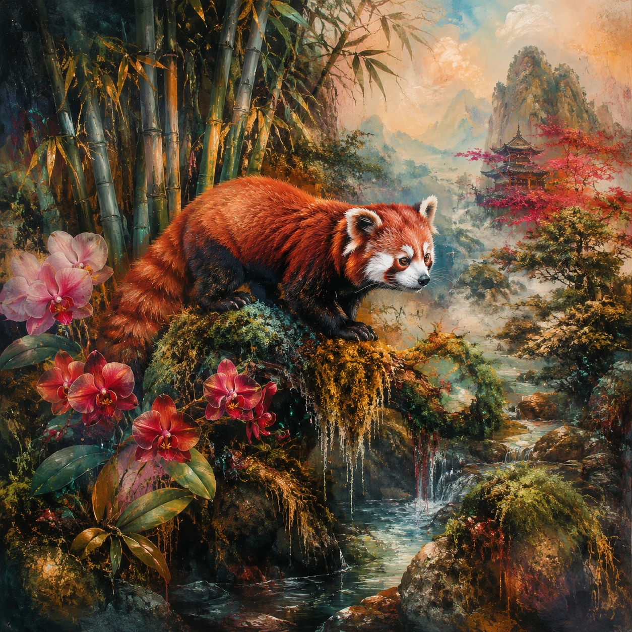 Panda rosso in una giungla luminosa con bambù e orchidee