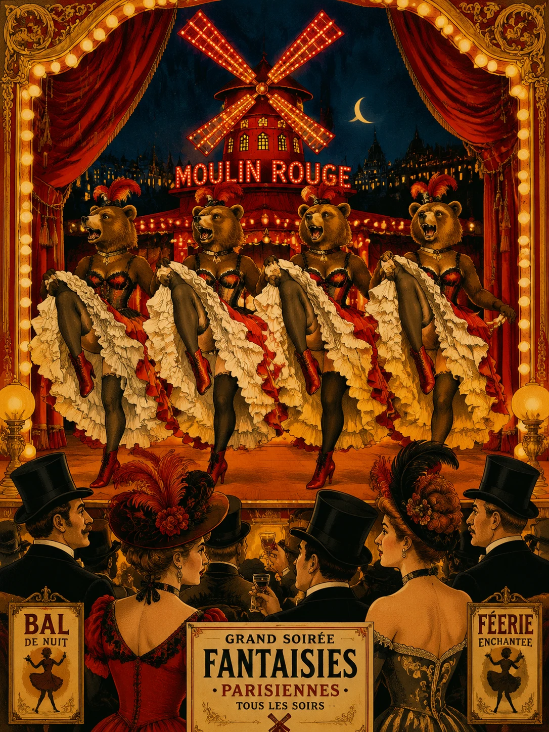 Ursos elegantes dançando cancan em um palco de cabaré parisiense