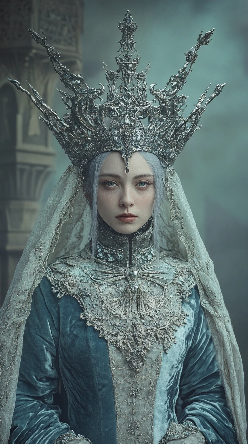 Reina de espadas de fantasía con vestido real de terciopelo azul