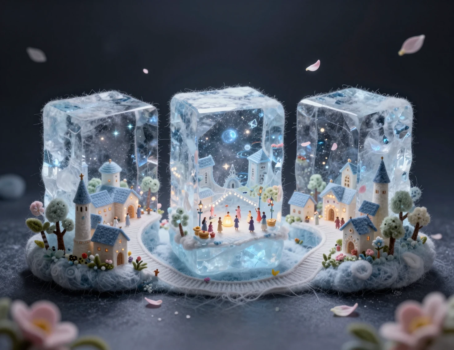 Villaggio in Feltro in Miniatura Racchiuso in Blocchi di Ghiaccio Luminosi