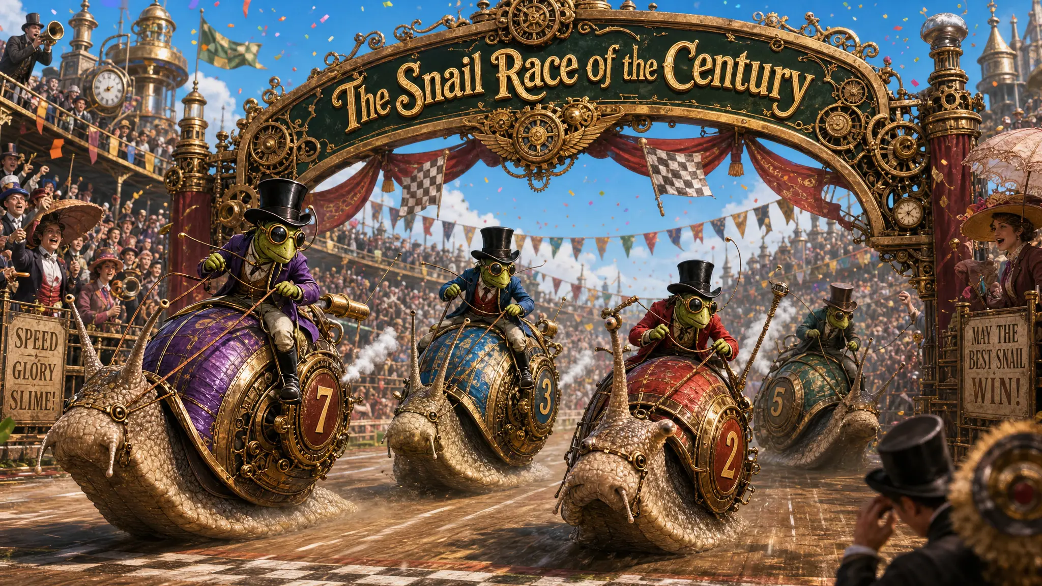 Colorata corsa di lumache steampunk con grilli fantino e pubblico