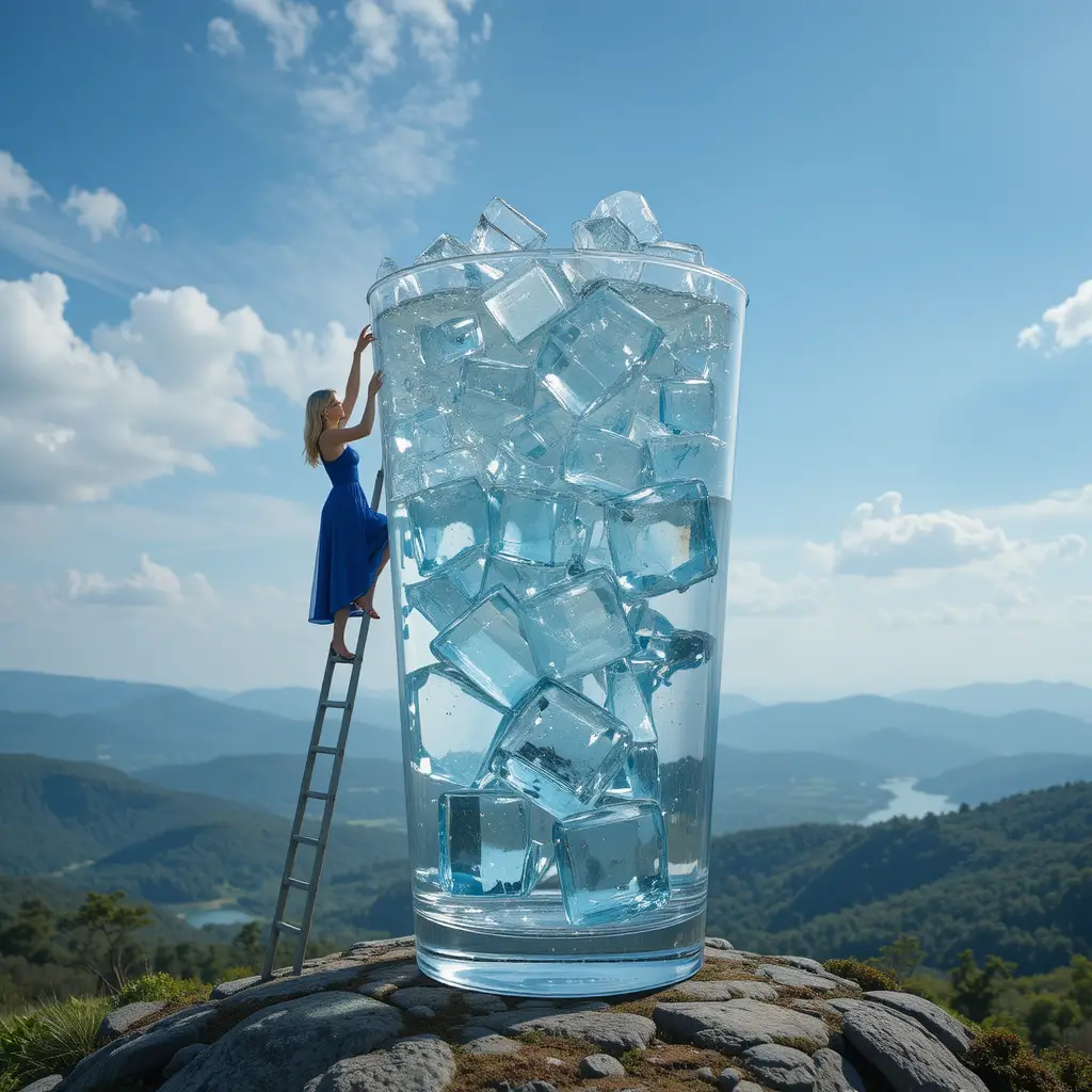Frau klettert eine Leiter zu einem riesigen Wasserglas auf einem Hügel