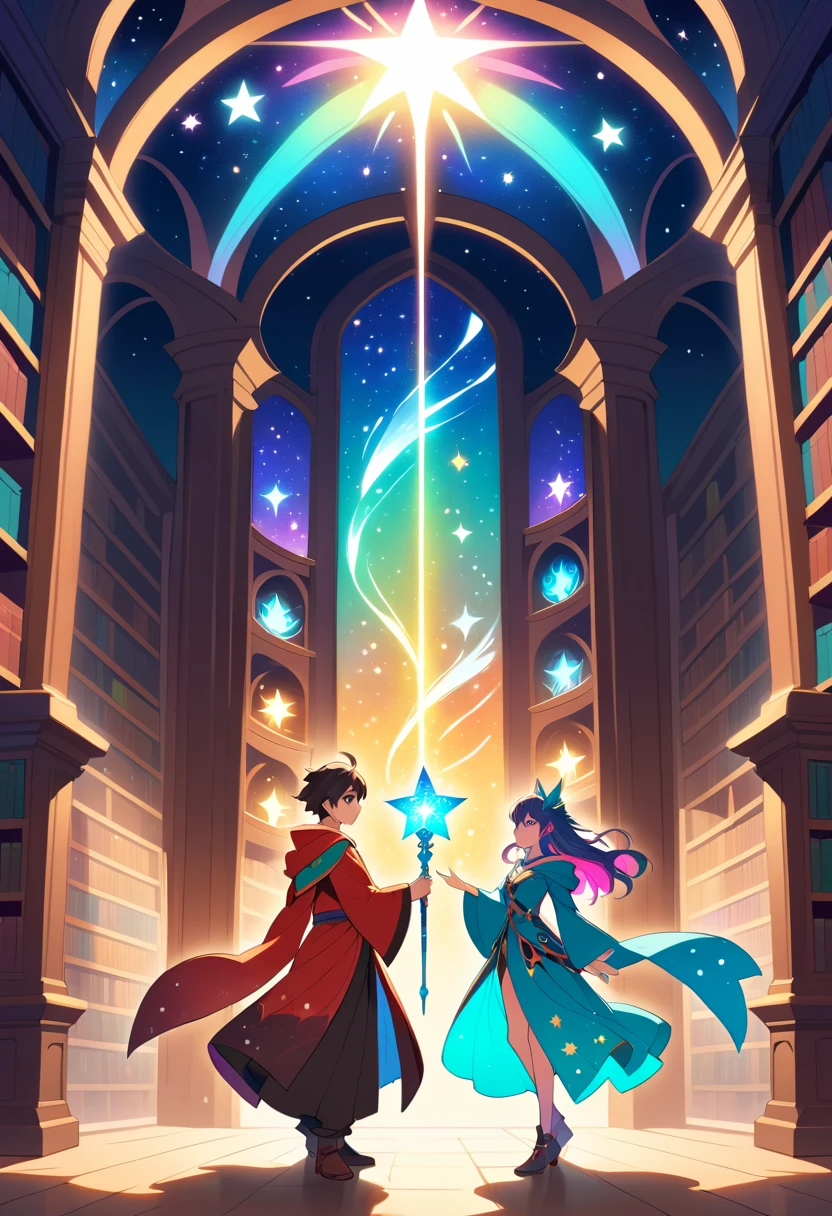 Maghi anime con bacchette luminose in una biblioteca magica