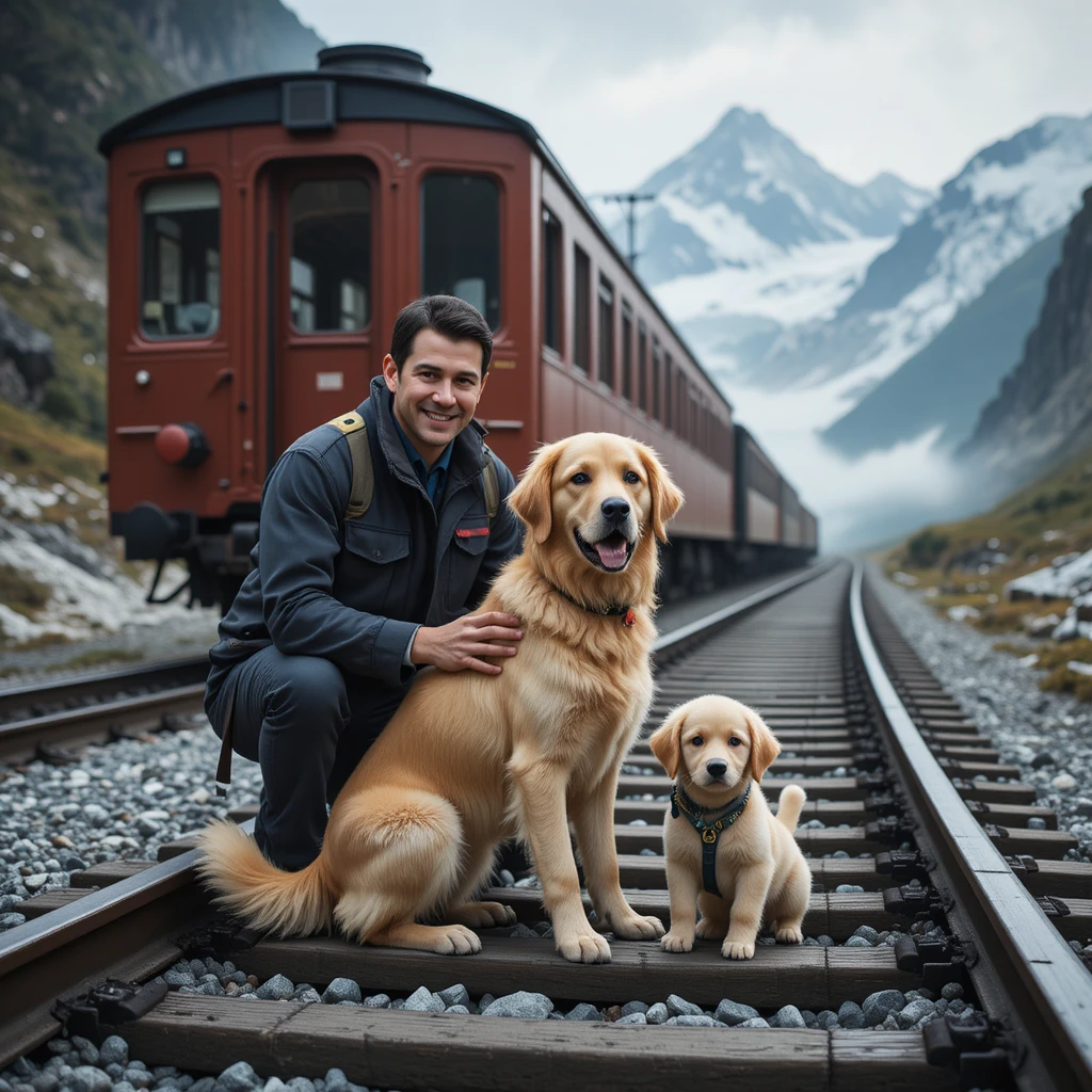 Mountain train driver with golden retrievers on alpine tracks