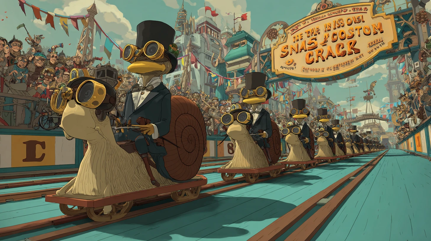 Carrera colorida de caracoles steampunk con jinetes grillo y multitud