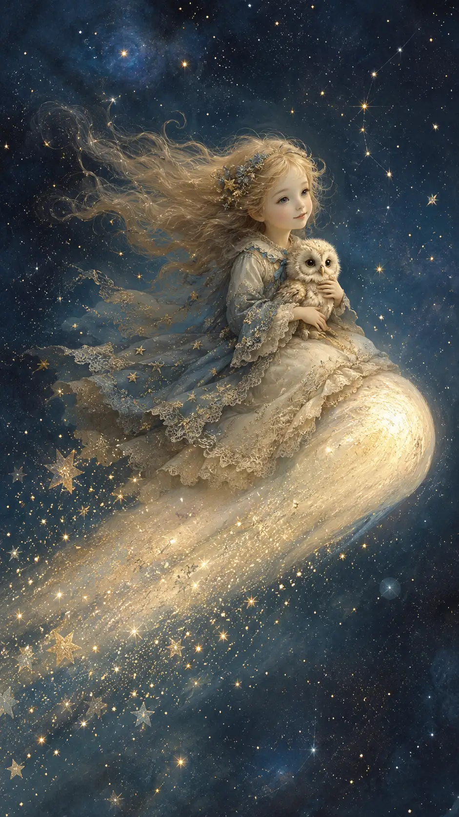 孩童騎乘發光彗星翱翔星空