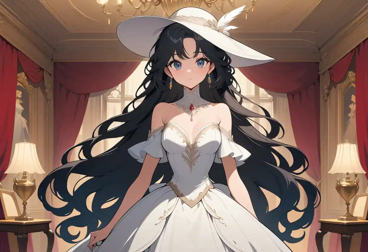 Elegante Anime-Dame in einem klassischen europäischen Ballsaal