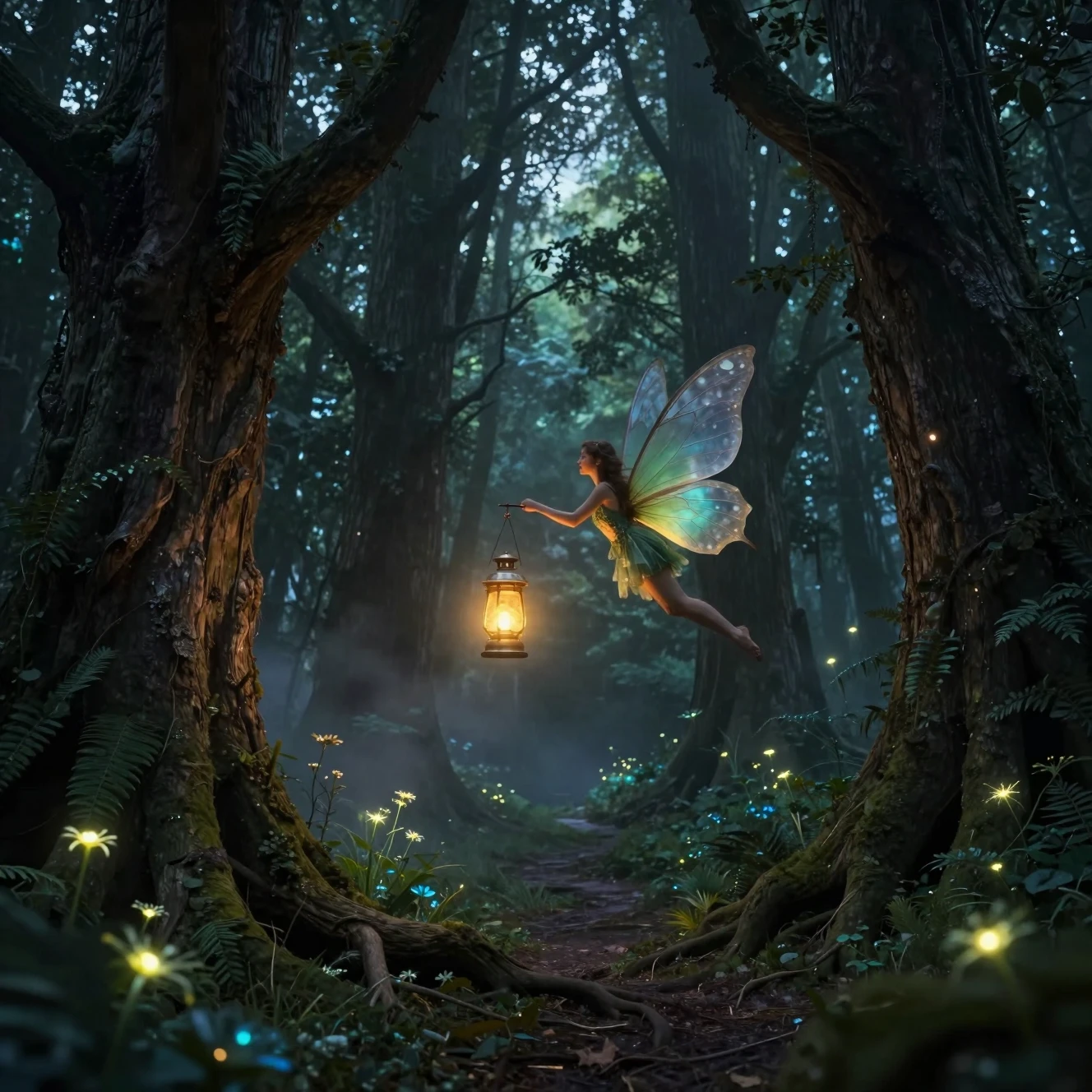 Fée à la lanterne dorée volant à travers la forêt enchantée