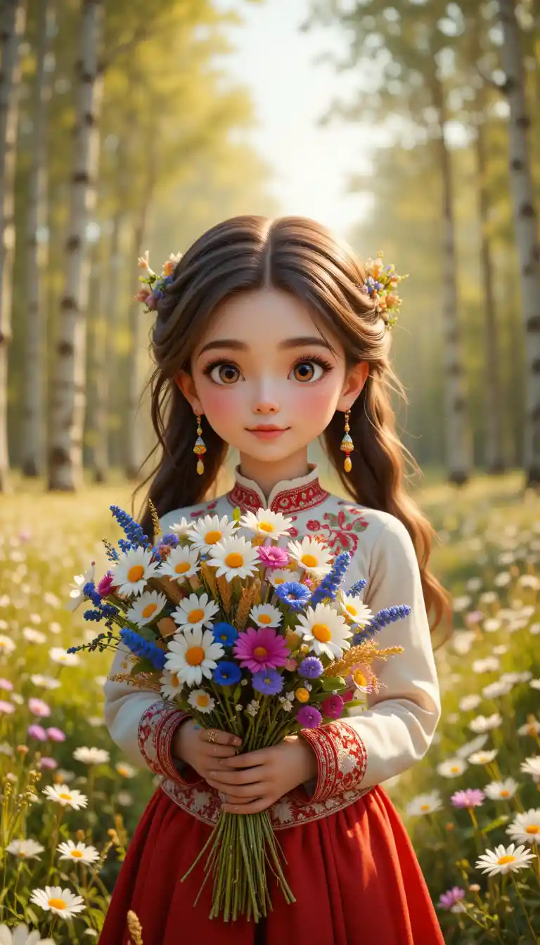 Ragazza slava che offre fiori in un prato estivo soleggiato