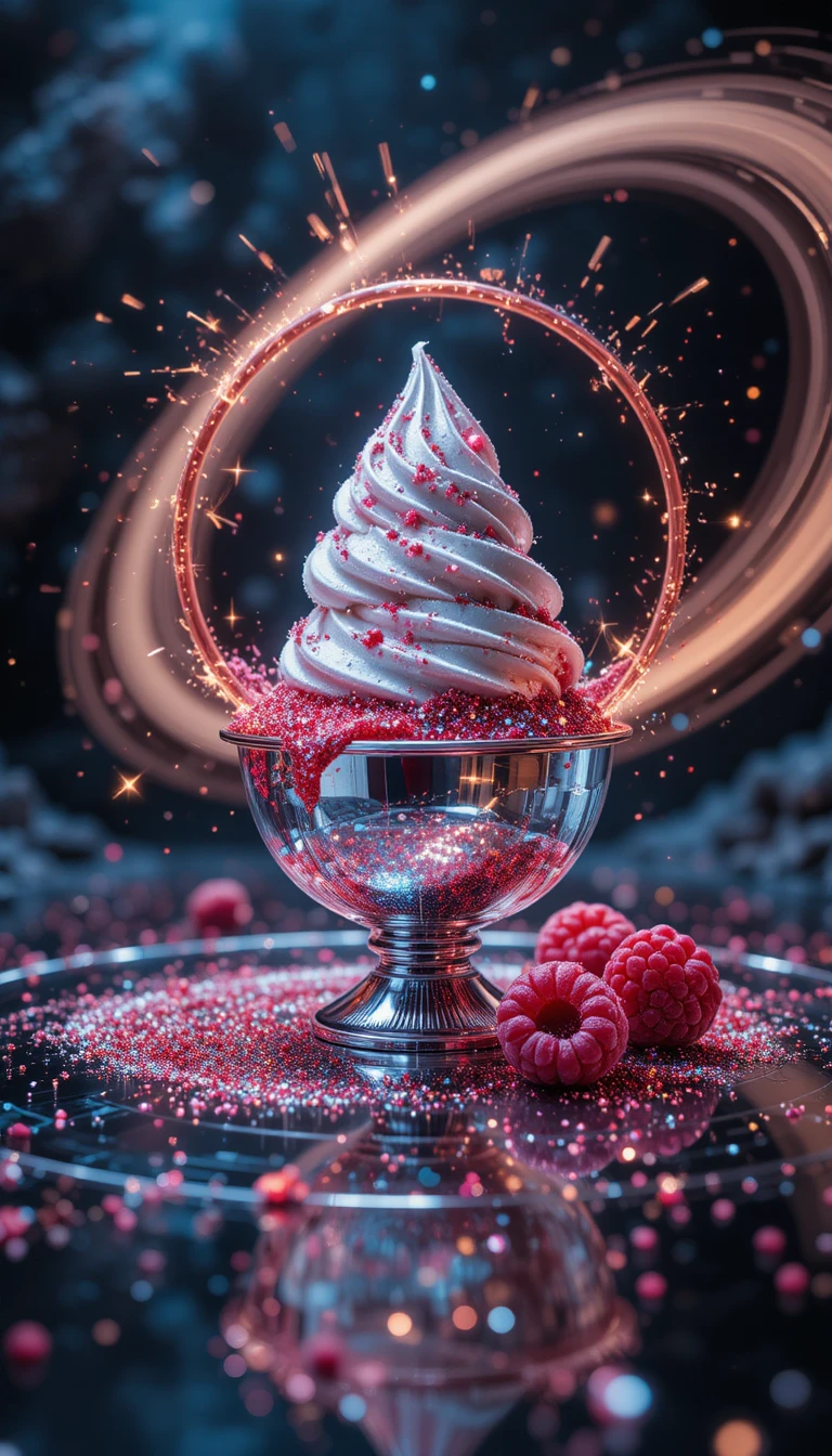 Coppa di gelato argentata con scintillanti cerchi di lamina ai lamponi