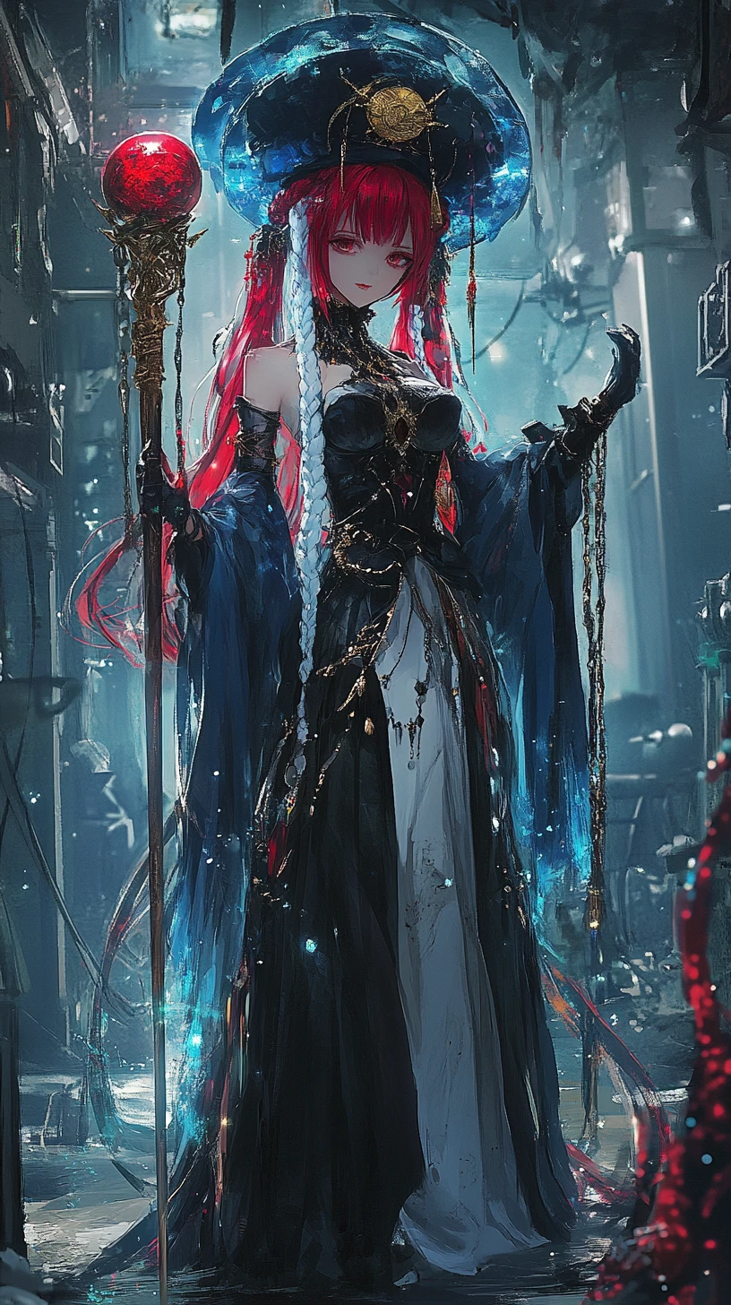 Anime-Hexenmädchen im sternenklaren blauen Kleid mit Zauberstab