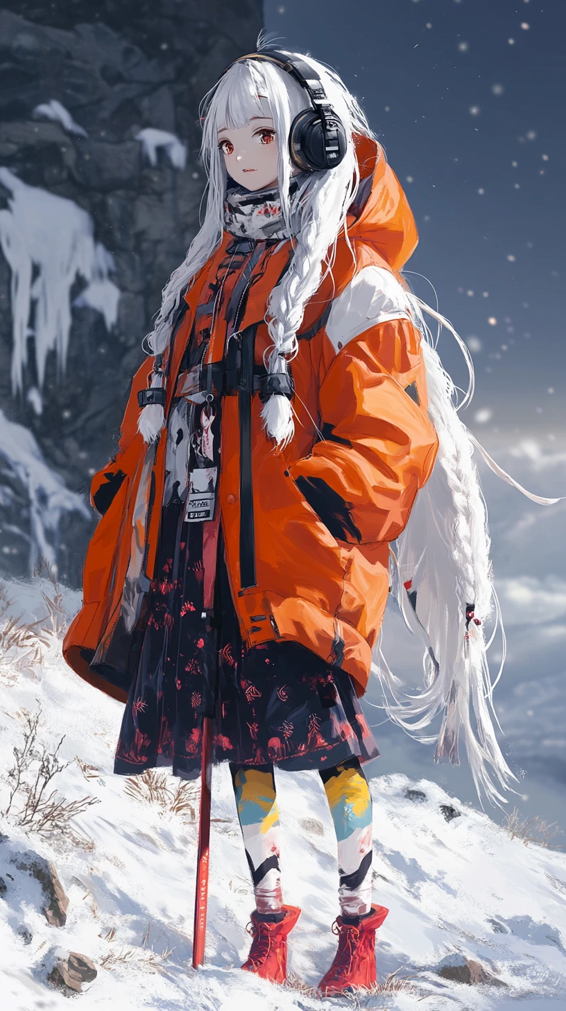 雪山中穿著橘色冬季外套的動漫女孩