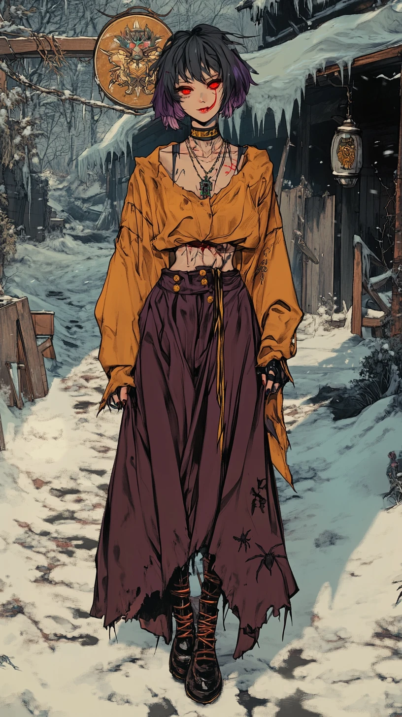 走在彩色塗鴉牆旁的怪物眼動漫少女