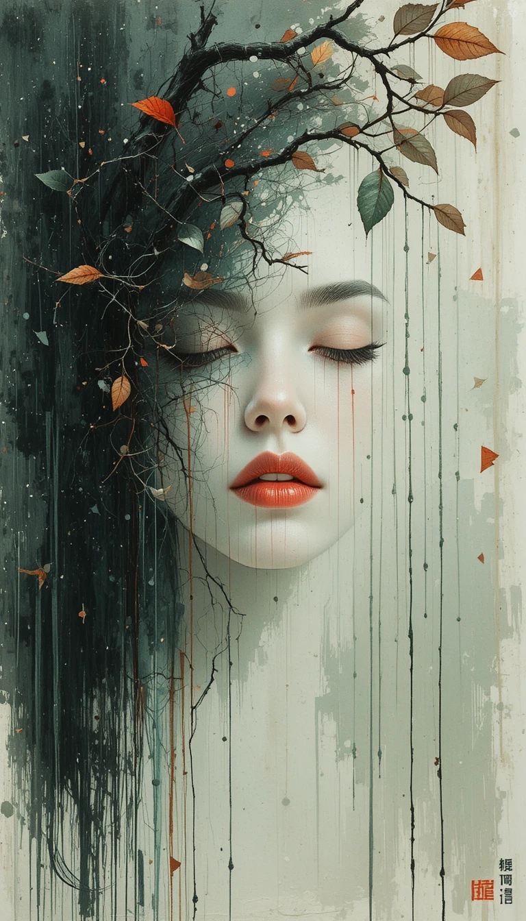 Ritratto femminile minimal con labbra rosse ed elementi astratti d’albero