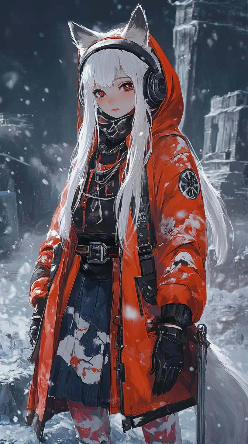 雪夜群山前的橘色冬裝動漫女孩