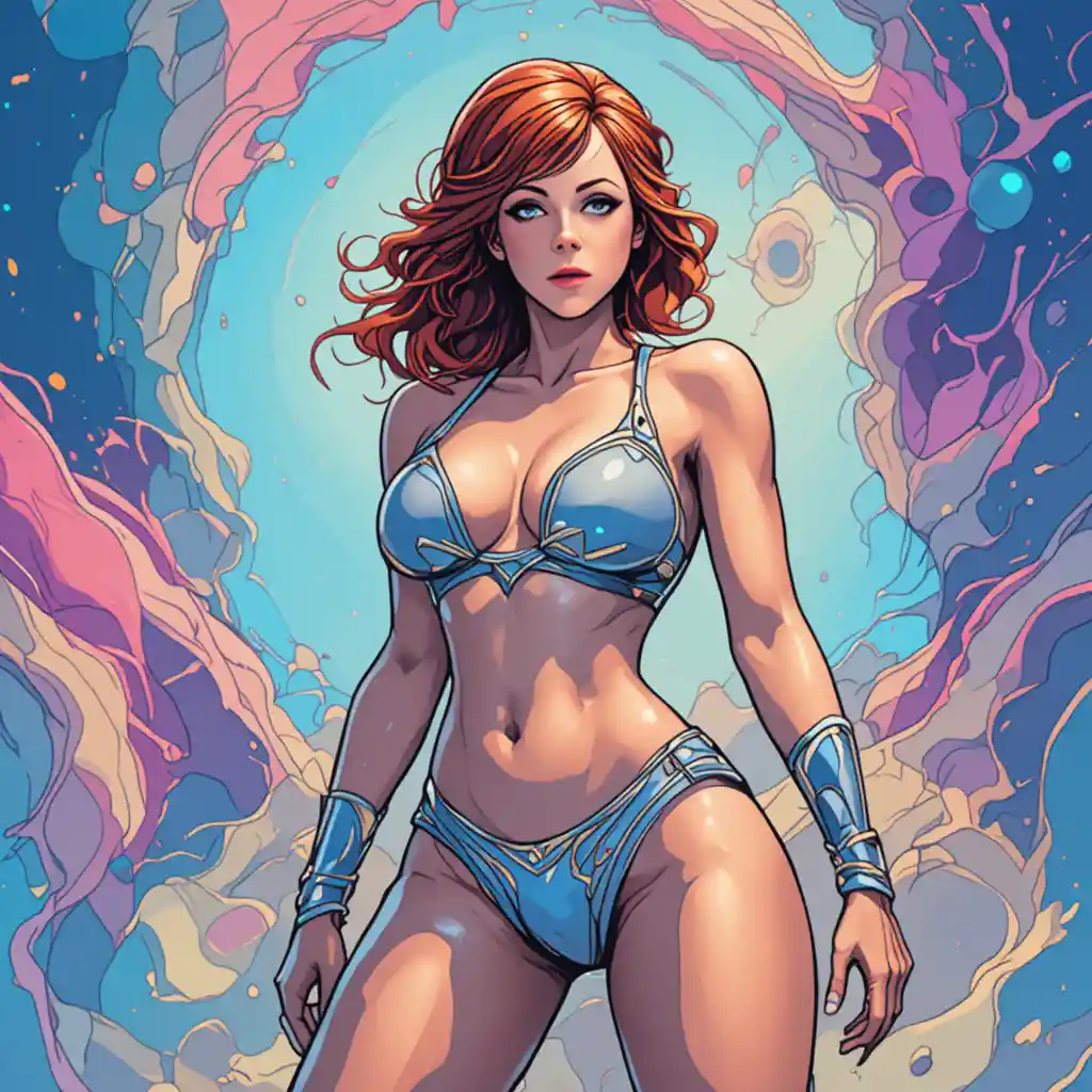 Donna sci-fi formosa in micro bikini su un vibrante mondo alieno