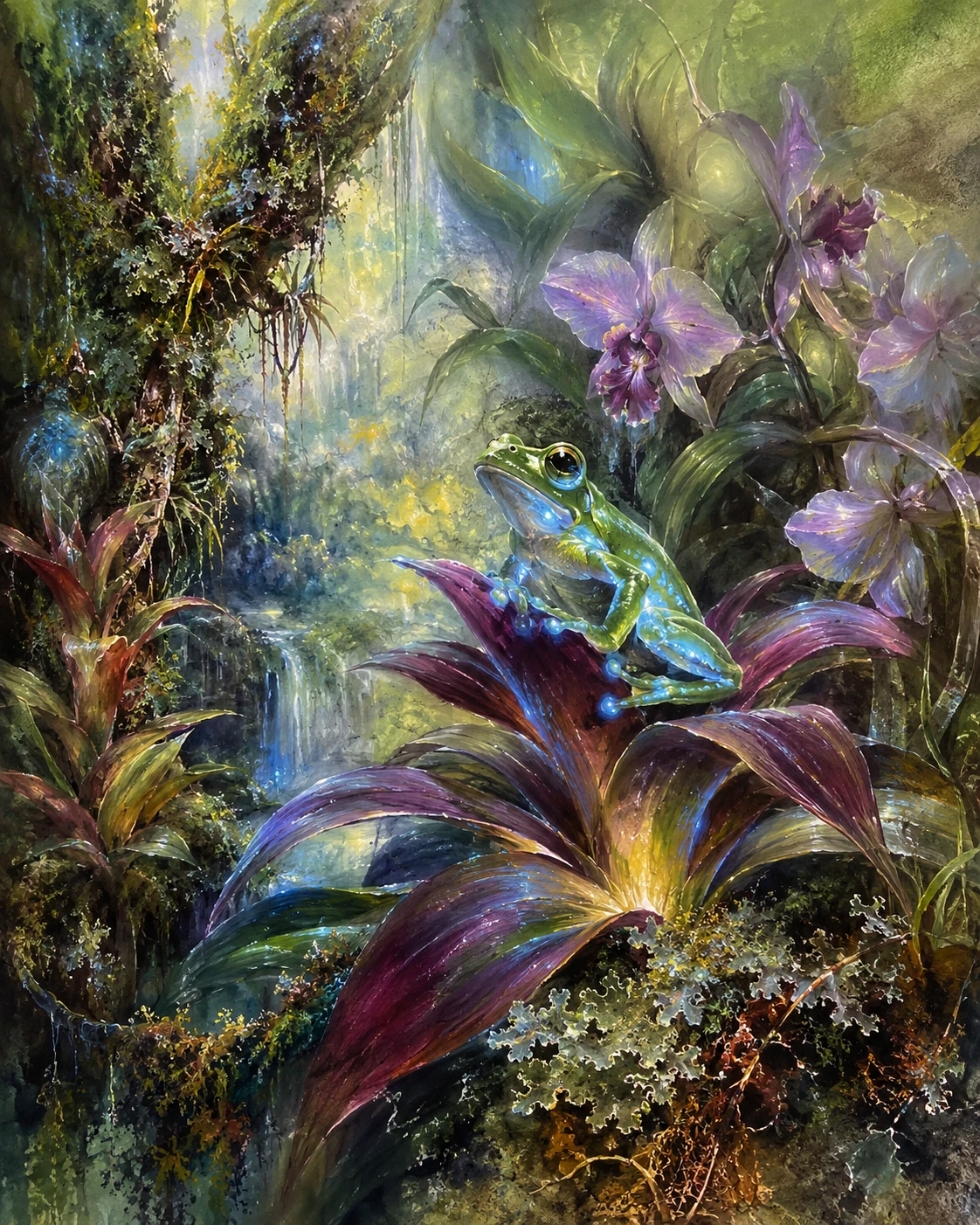 Rainette perchée sur une broméliacée dans une jungle luxuriante – peinture
