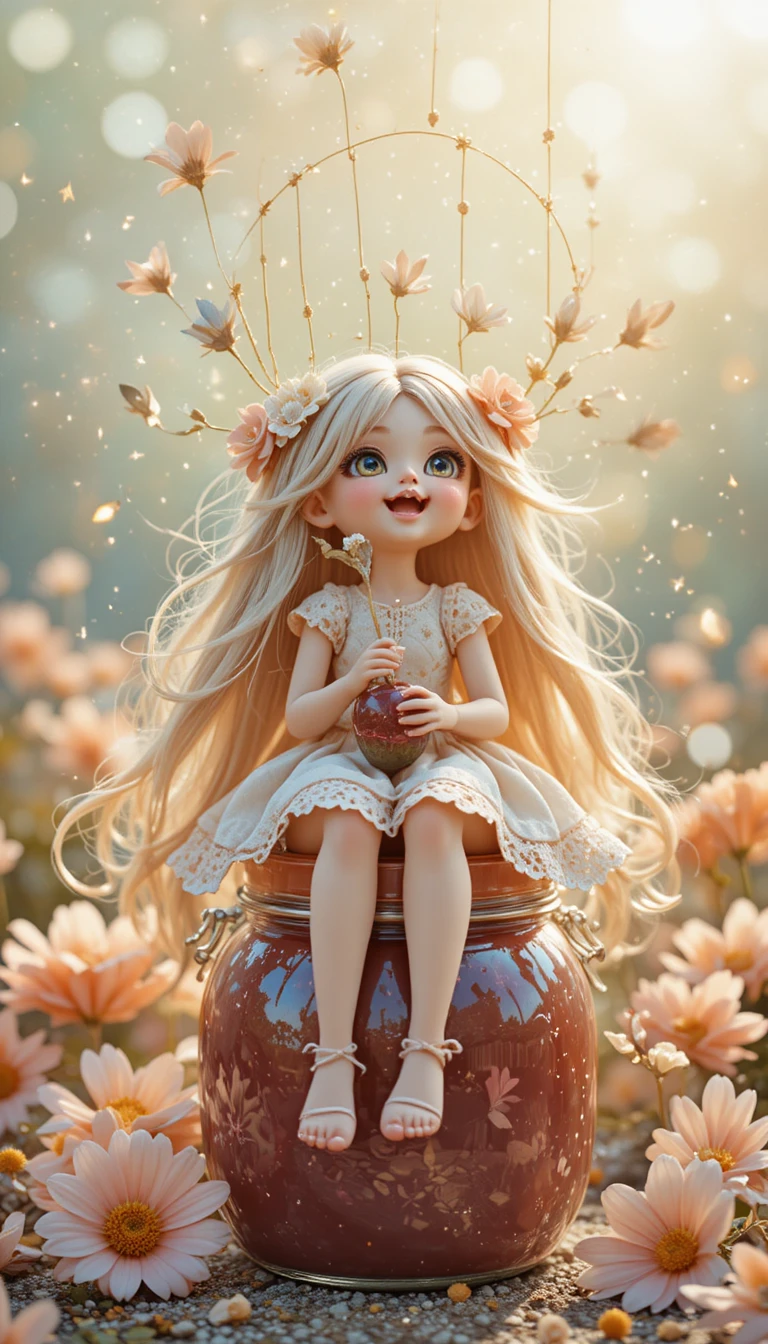 Pastel fairytale girl sitting on a jam jar laughing