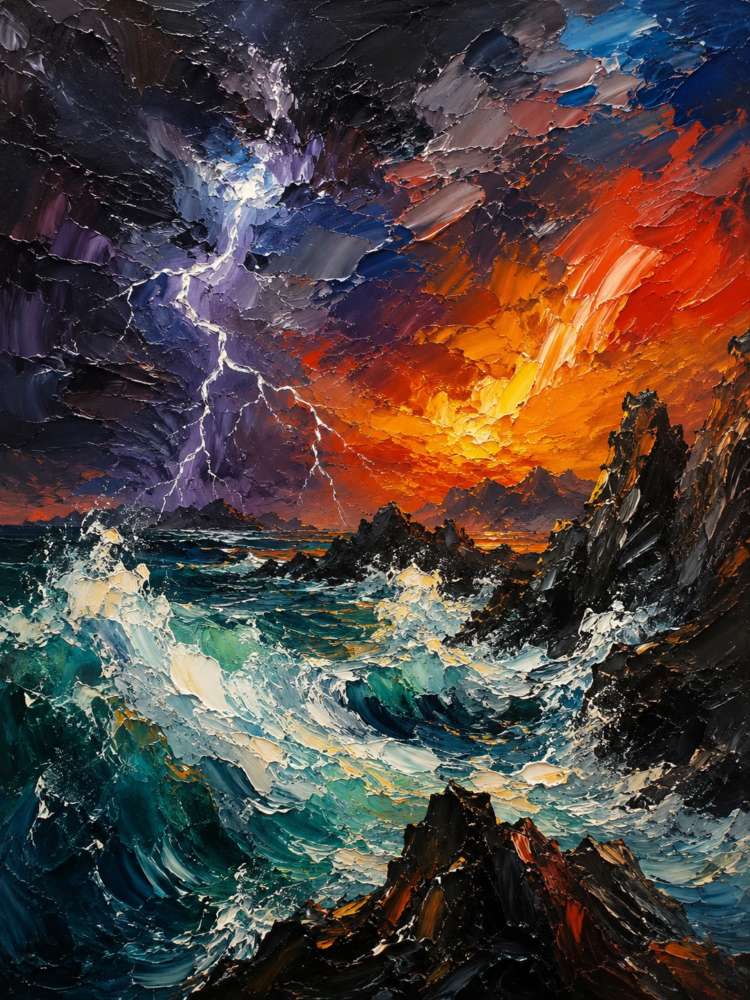 Mar agitado abstrato com ondas quebrando e relâmpagos