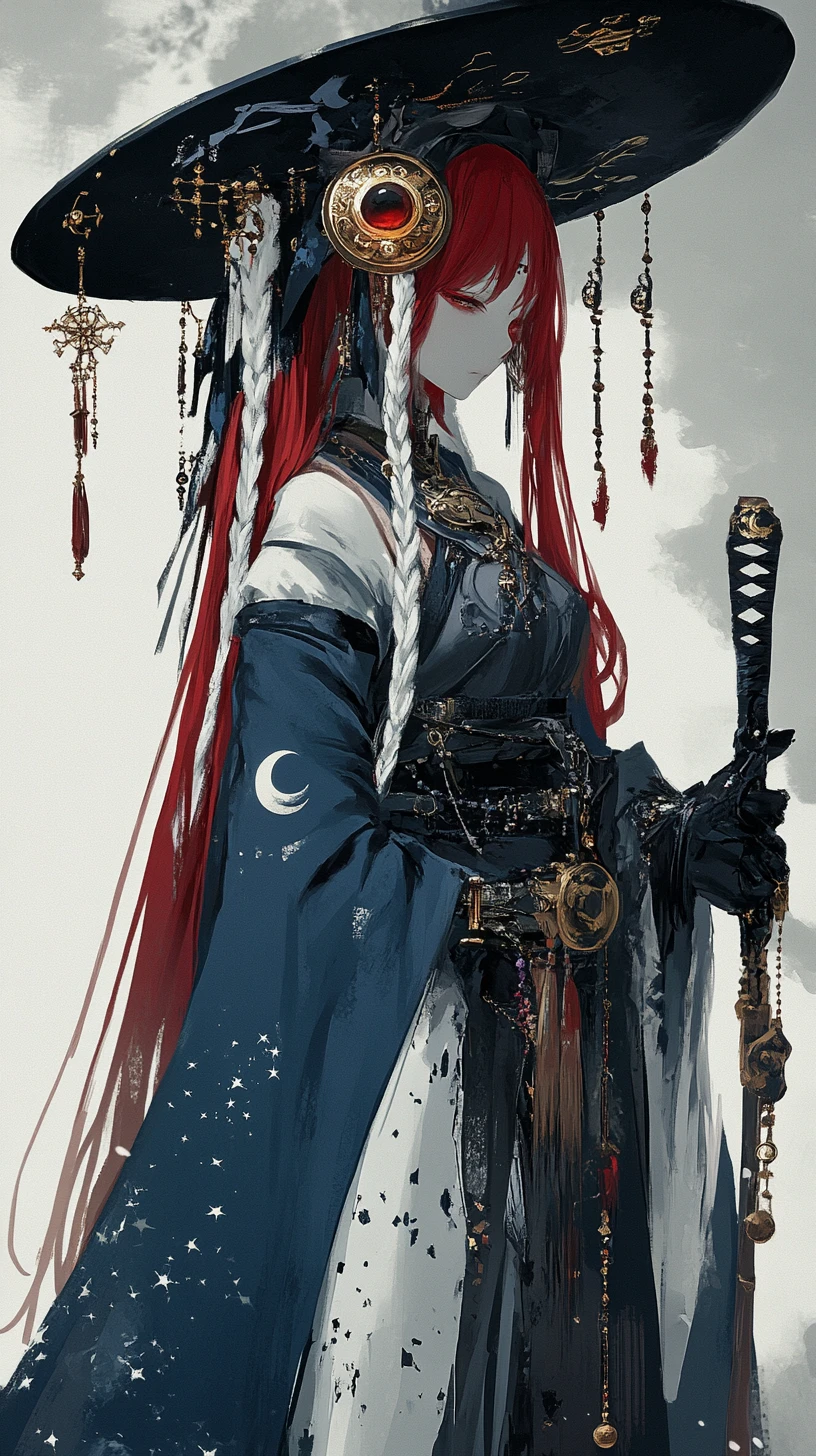 Fille sorcière anime tenant un bâton cosmique du soleil et de la lune