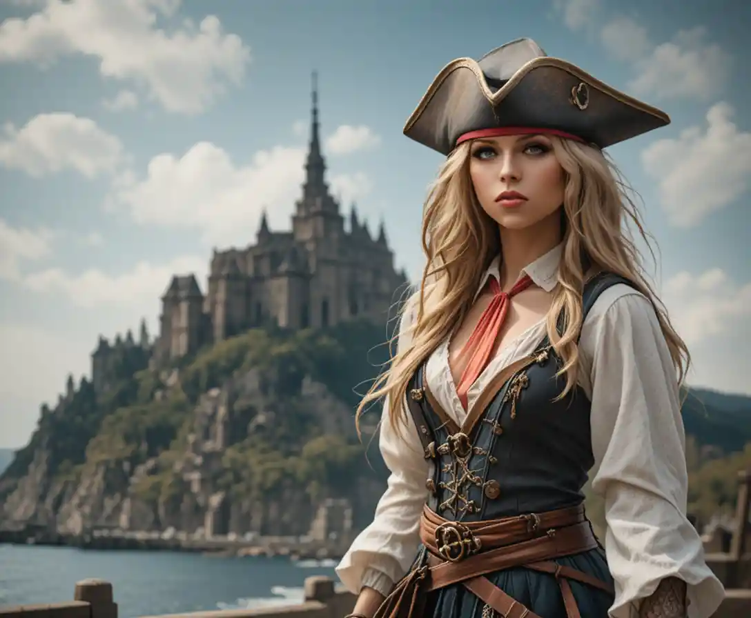 Personnage de pirate féminine devant un monument côtier historique