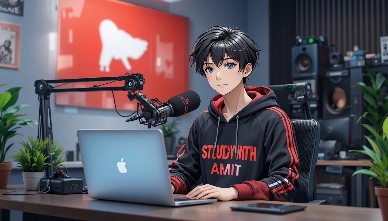 Anime-Junge streamt an einem Computertisch mit Mikrofon
