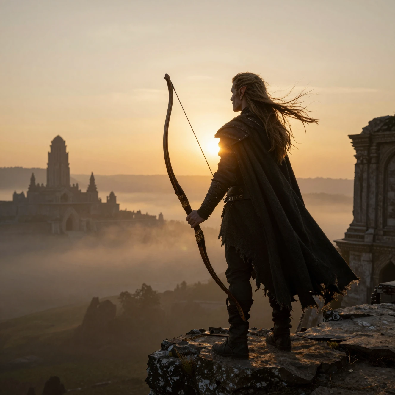 Rôdeur elfe sur les ruines d’un ancien palais au coucher du soleil