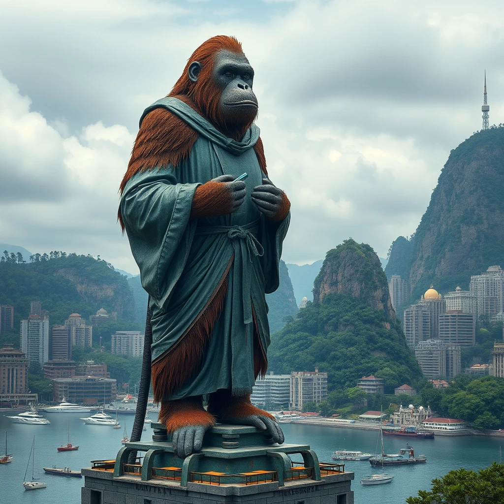 Gigantesca estátua de macaco com manto sobre uma cidade portuária