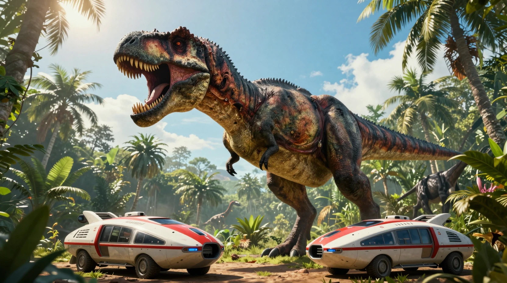 Tiranosaurio Rex Rugiendo en una Jungla Tropical Bañada por el Sol