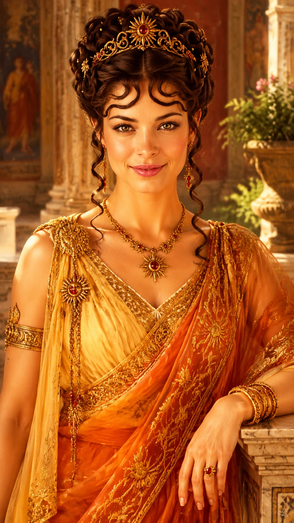 Mulher elegante no átrio de uma antiga vila romana