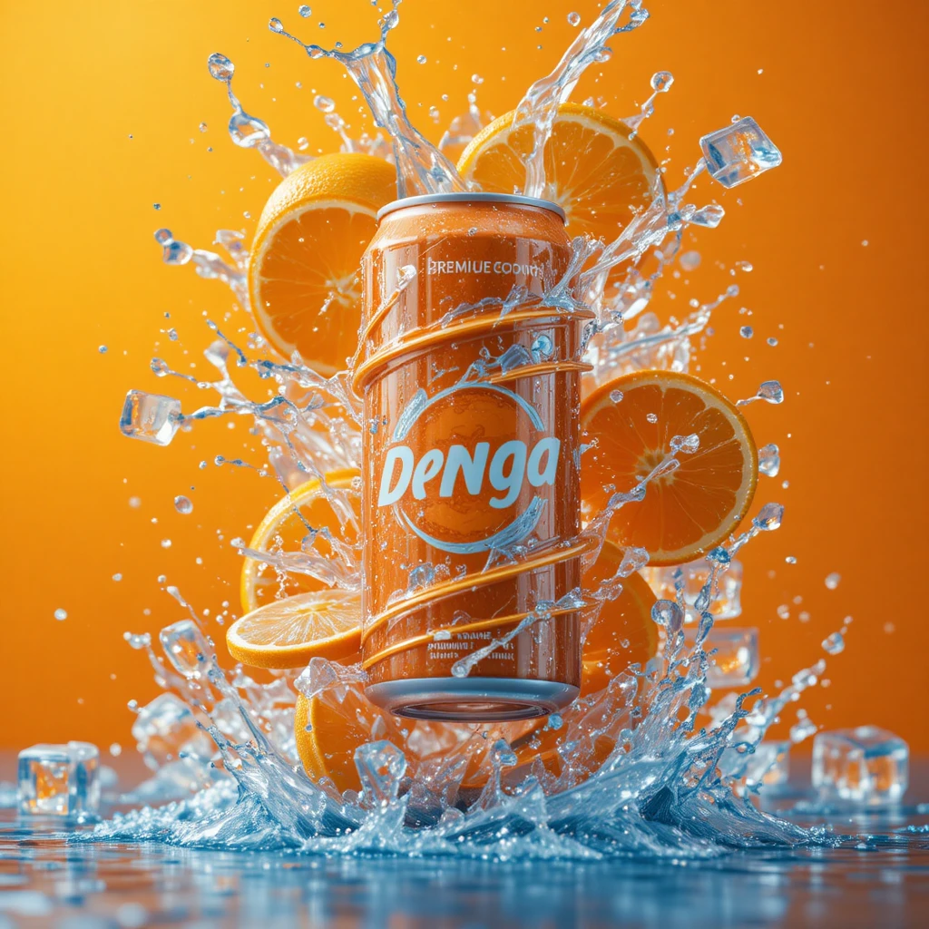 Canette de soda à l’orange explosant dans un tourbillon d’eau et de fruits