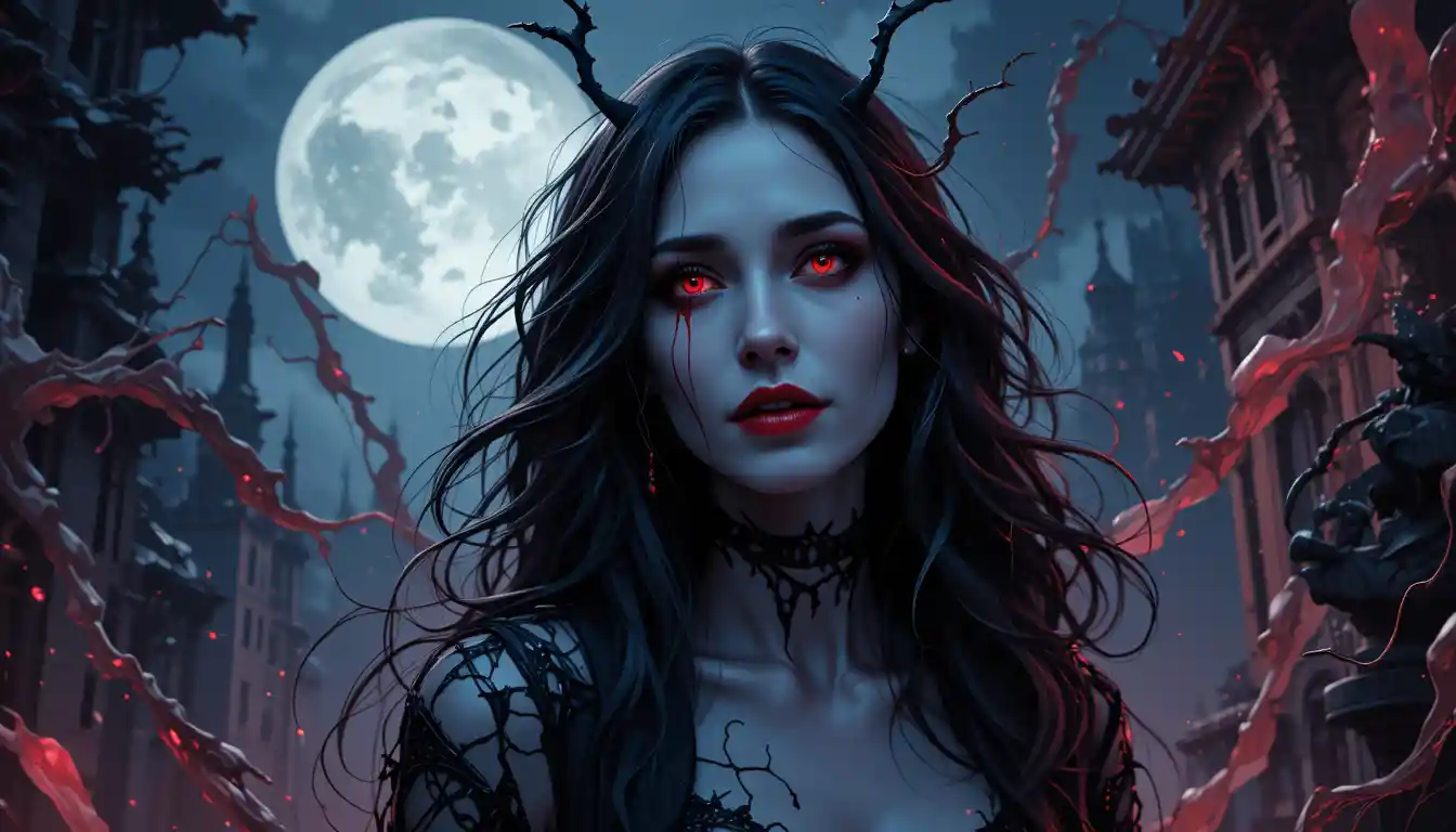 Mujer vampira bajo una luna llena resplandeciente
