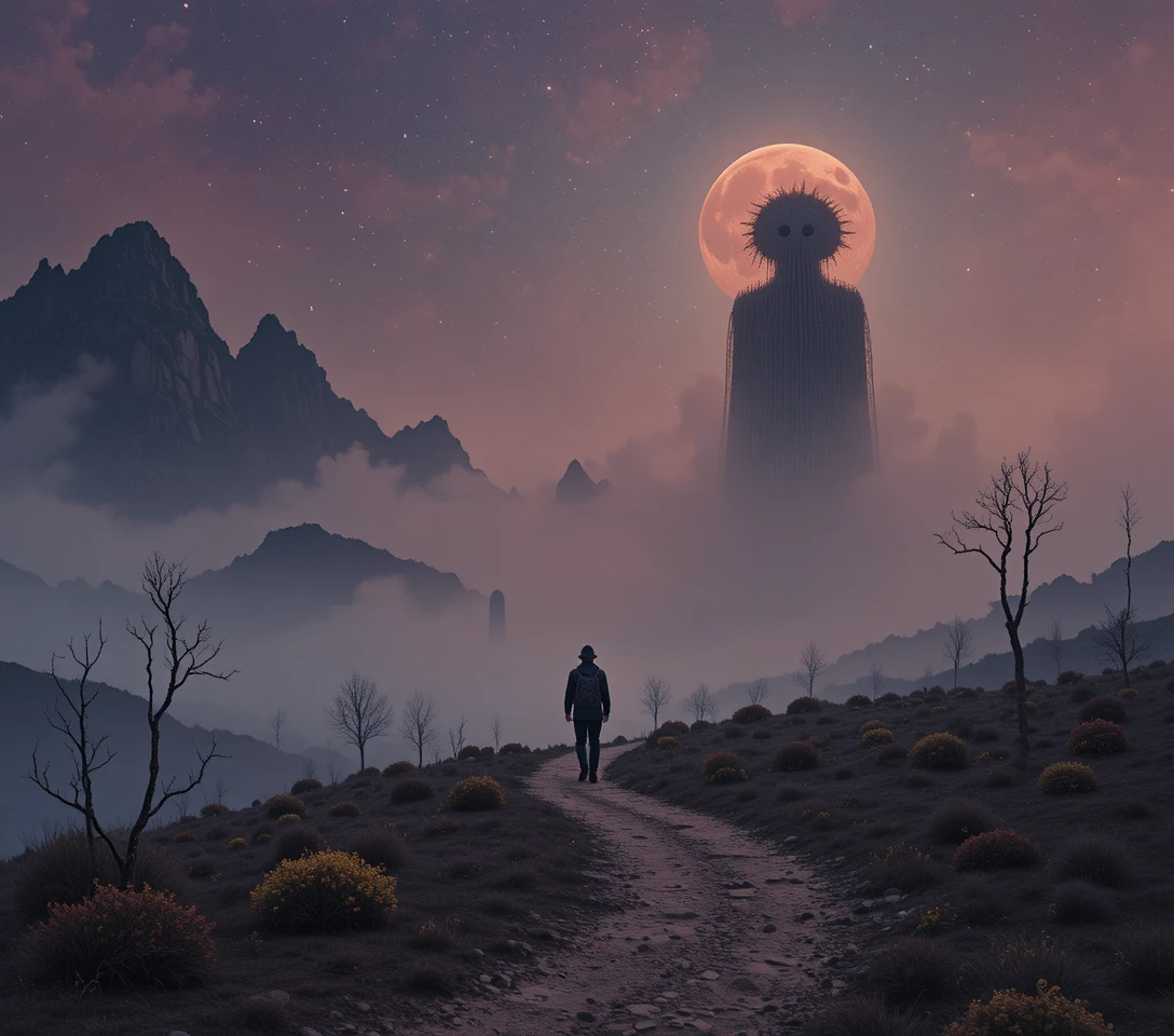 Viaggiatore solitario in un paesaggio nebbioso di spettri inquietanti