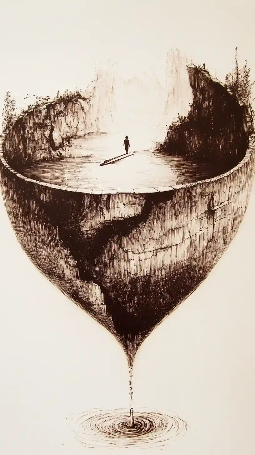 Overturned teacup world with tiny figure and folding landscape
