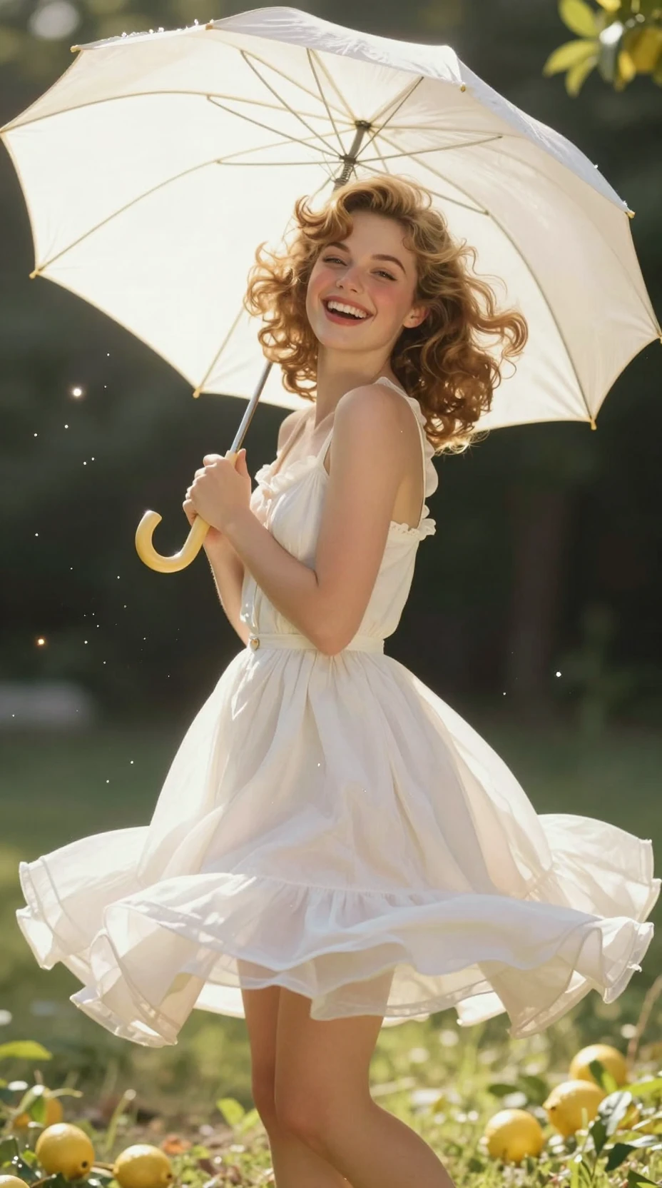 Donna sorridente che gira all'aperto con un leggero vestito di cotone