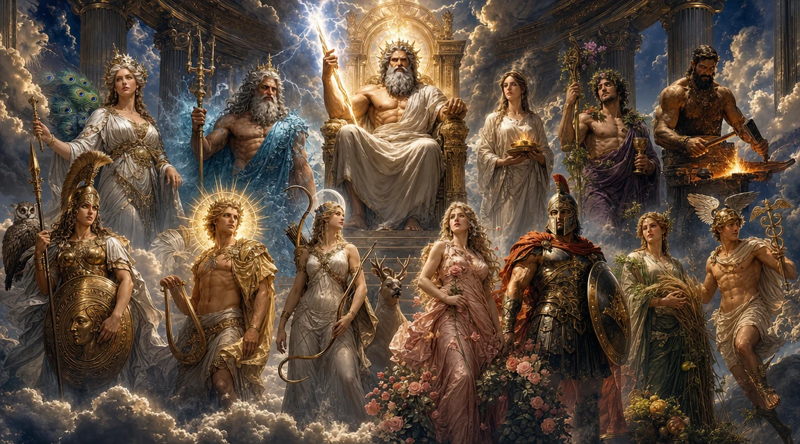 Zeus sur son trône entouré des dieux de l’Olympe