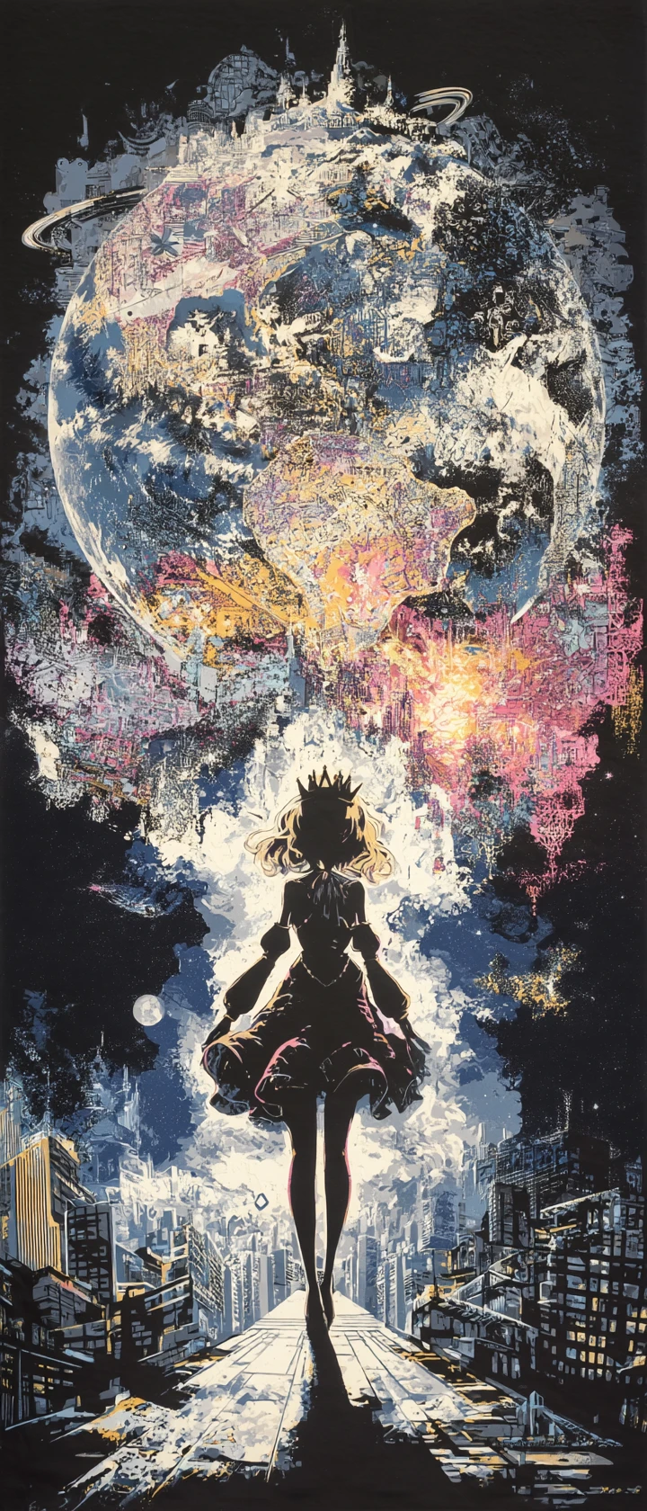Regina anime sul balcone sotto un immenso mappa onirica a forma di corona