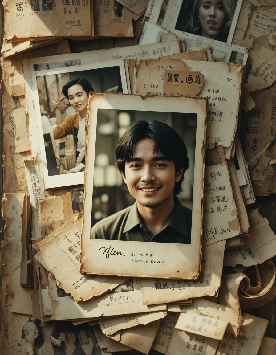Ritratto di uomo sorridente in un nostalgico collage di foto vintage