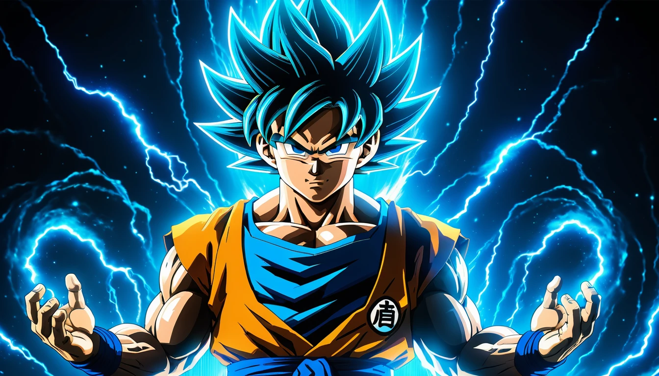 Guerreiro de anime com aura azul em um campo de batalha cósmico