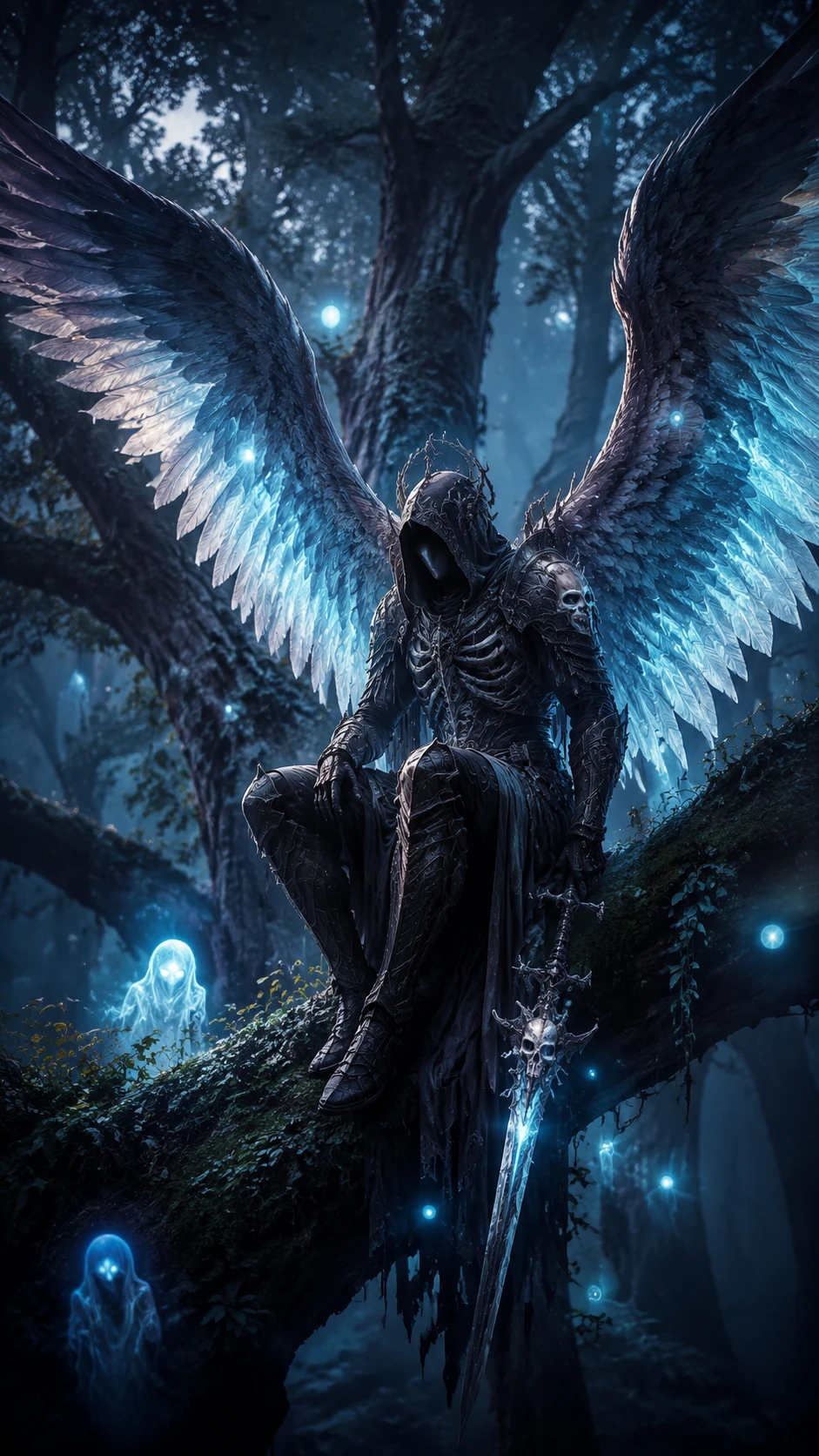 Anjo guardião com asas amplas em uma floresta ancestral