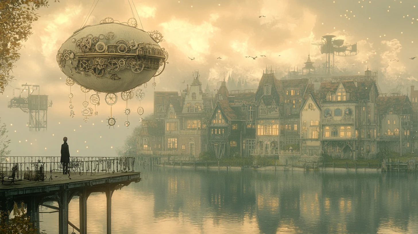 Einsame Gestalt auf einem Steg vor einer pastellfarbenen Steampunk-Stadt